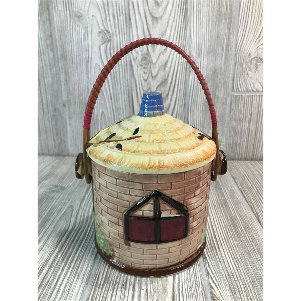 VTG Ceramic Cottage House Cookie Jar Biscuit Barrel Wicker Handle Hand Painted